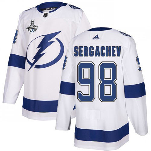 Men Adidas Tampa Bay Lightning #98 Mikhail Sergachev White Road Authentic 2020 Stanley Cup Champions Stitched NHL Jersey